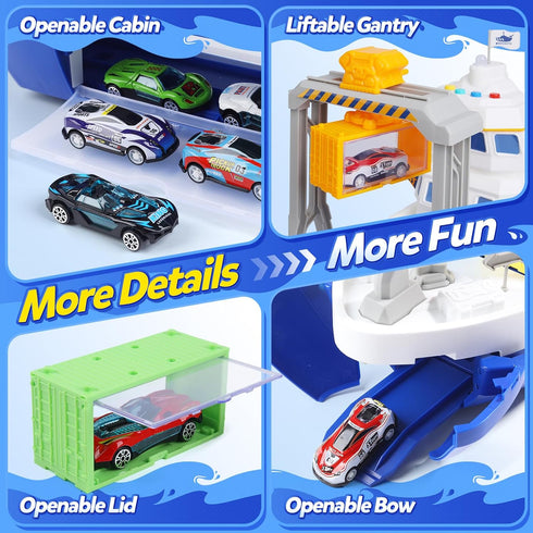 Playset CUTE STONE Cargo Ship Toy & Gantry Crane, Toy Boat and Crane with Sounds & Lights, Transport Containers, Push