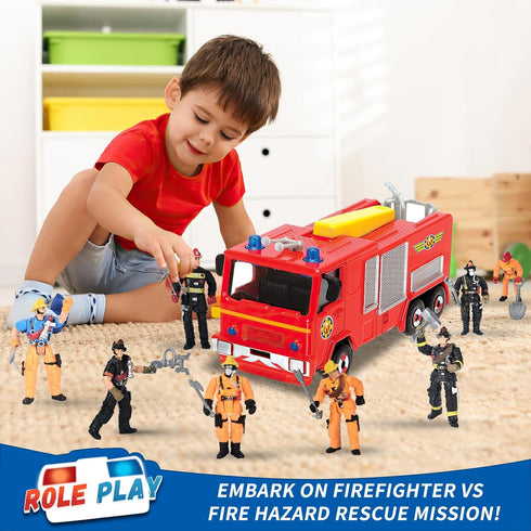 HAPTIME 8 Pieces Firefighter Action Figures, Fireman Toys for 3-7 Year Old Boys, 4-Inch Toy Figure & Playsets