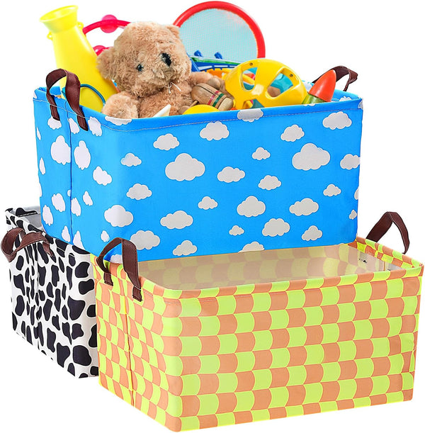 Yoojahow 3 Pack Storage Baskets Waterproof Canvas with Leather Handles Storage Bins Basket