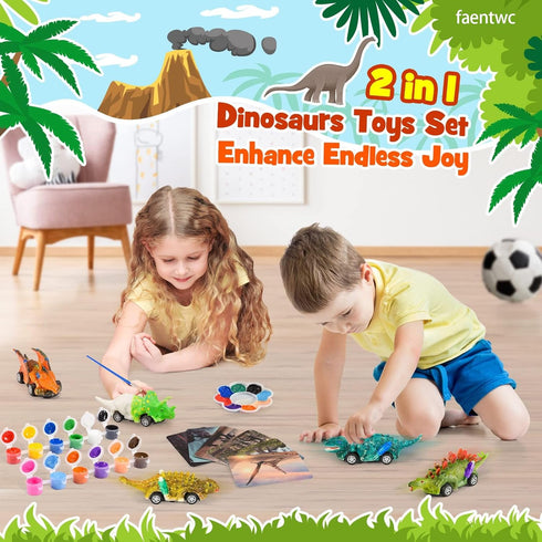 faentwc Dinosaur Painting Toys for Kids 5-7: 2 in 1 Dino Arts Painting Kits and Pull Back Cars Toy for Boys and Girls