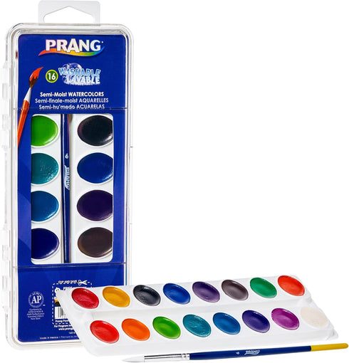 Prang Washable Semi-Moist 16 Classic Colors, 1 Brush, 41% More Paint