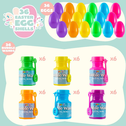 36 JOYIN Pcs Prefilled Easter Eggs Bubble Wands for Kids Party Favors, Basket Stuffers, Toys Inside for Children Fun