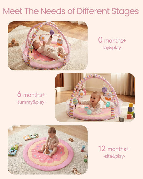 4-in-1 Tummy Baby Play Mat & Baby Play Gym,Baby Girl Play Mat Activity Gym, Pink Donut Time Mat for Babies