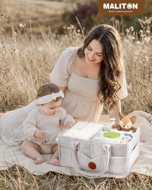 15" 9" 7" Maliton Baby Diaper Caddy, Nursery Storage Bin & Car Organizer with Handle, Large Felt Bag for Newborn