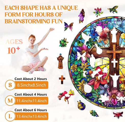 Decor(L-13.4 13.4in 300pcs) Wooden Puzzles for Adults, Stained Glass Cross Wood Puzzles Adult, Unique Animal Shaped