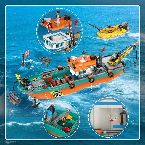 Set 6 7 8 9 10+, 762PCS City Fishing Boat Wharf Building - Floatable Sea Fishing Ship Building Block Kit with Speedboat