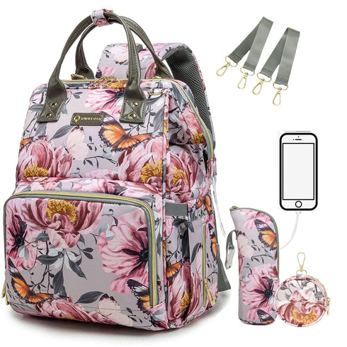 Floral Diaper Bag Backpack with Coin Bag USB Charging Port Stroller Straps