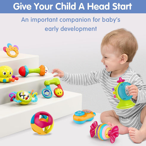 iPlay, iLearn 10pcs Set, 1 2 3 4 5 6 7 9 10 12 Baby Rattles Toys Infant Grab Shake Rattle, Easy Hold Sensory Teether