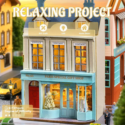 Flever Dollhouse Miniature DIY House Kit Creative Room with Furniture for Romantic Valentine's Gift (Paris Gift Store)