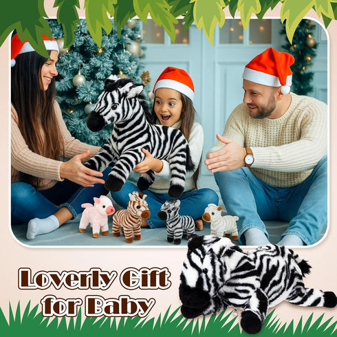 Hollowfly 5 Set 12.6" Mommy 4 Pcs Zebra Plush Toy Gift Zebra with Cute Babies Stuffed Animal in Zippered Belly