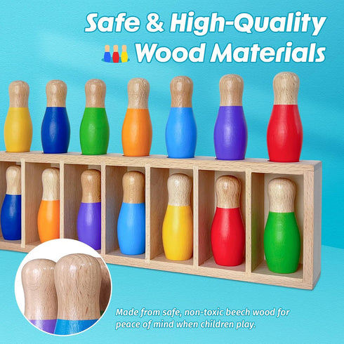 pamexin 7 Family Games for Kids, Wooden Bowling Color Matching Game with Bright Pins and Storage Bag, Family Board