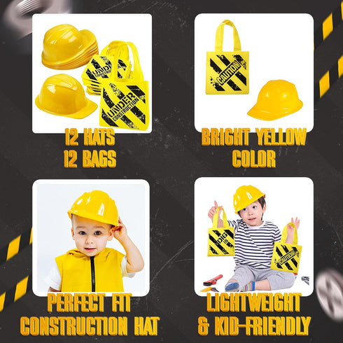 (24 Pack) (12) (12) Bedwina Construction Themed Party Supplies - Construction Party Favors Hat & Mini Tote Bag Supplies
