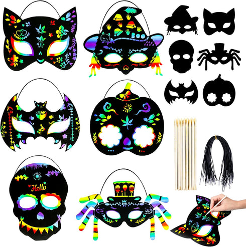 MGparty Halloween Crafts, 24PCS Rainbow Scratch Mask Magic Scratch Paper Art for Kids Birthday Classroom Decoration