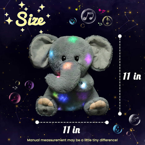 11'' Hopearl LED Musical Stuffed Elephant Lighting Up Singing Plush Toy Adjustable Volume Lullaby Animated Soothe