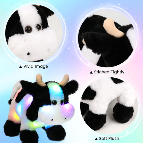12'' Hopearl LED Musical Stuffed Cow Lighting Up Singing Plush Toy Adjustable Volume Lullaby Animated Soothe Birthday