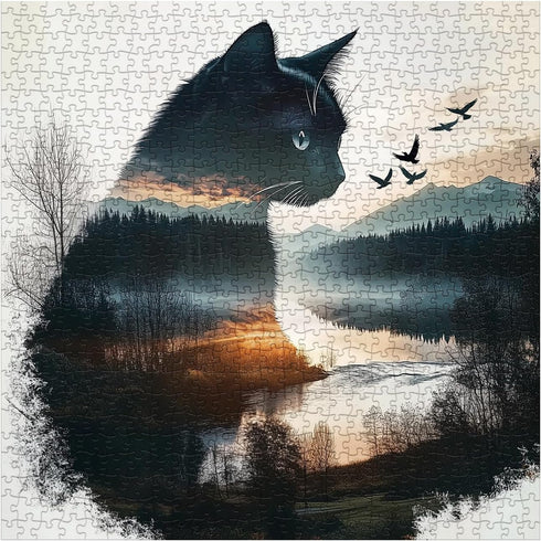 Larkipuzz 1000 Art Forest Cat Puzzles for Adults Pieces, Challenging Mountain Plant Tree Kitten Jigsaw Puzzles