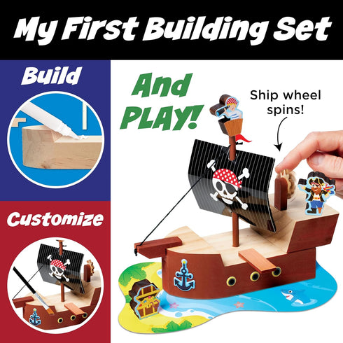 Set: 5+) Creativity for Kids Buildeez! Easy Wooden Model Pirate Ship, Sea Skull - DIY Arts & Crafts Kit, STEM Toys