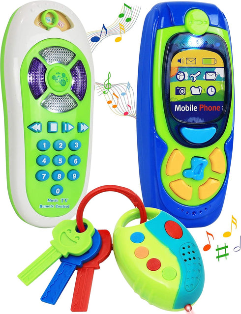 Click N' Play Pretend Play Cell Phone, TV Remote & Car Key Accessory Playset for Kids, Set of 3 with Lights & Sounds