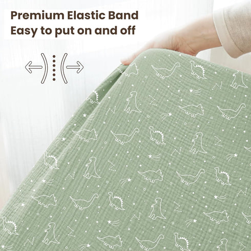2 Pack, 52"x28" Konssy Muslin Crib Sheets for Boys, Soft Cotton Neutral Baby Sheets for Standard Crib Mattress (Dino