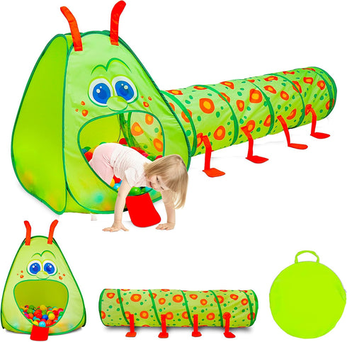 Kiddey Caterpillar Kids Play Tunnel and Tent, 2 Pc. Crawl Through Baby Ball Pit for Toddlers