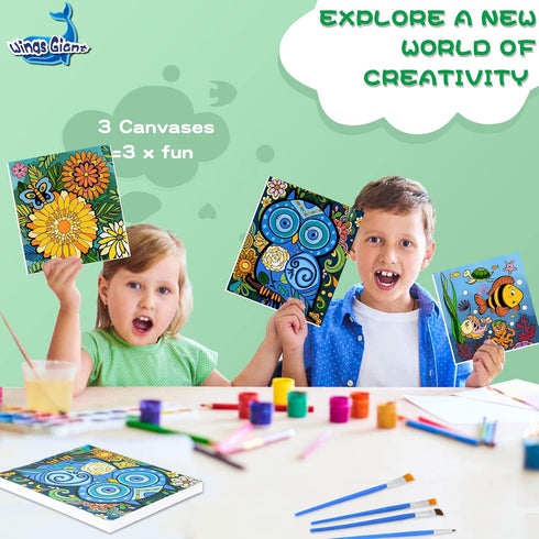 3 Pack Paint by Numbers for Kids Ages 8-12, Includes (8x10, 8x9, 8x8 inch) Framed Canvas, 30 Acrylic Paint Pots, 5