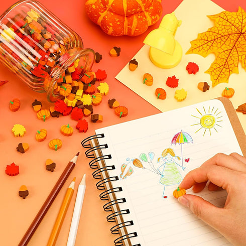 JUNEBRUSHS Fall Mini Erasers, 150Pcs Cute Thanksgiving Pencil Erasers for Kids, Bulk Maple Leaf Novelty Stationery
