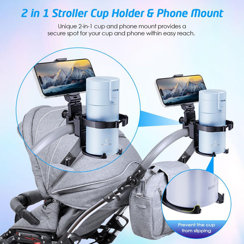 WixGear Stroller Cup Holder with Phone Stand, 2-in-1 Universal Holder for Stroller, Wheelchair, Walker