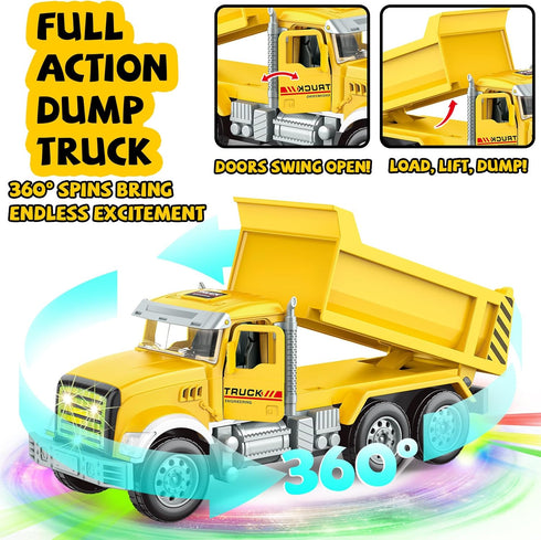 1 2 3 4 5 6 Car Toys for Toddlers, Dump Truck Toy with Self-Lifting Bed, Lights Music Toy Trucks Construction Vehicle
