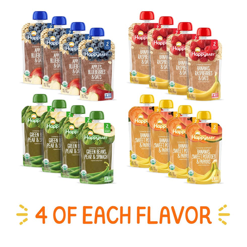 2 Pack, 4 (Pack 16), Happy Baby Organics Stage Baby Food Pouches, Gluten Free, Vegan & Healthy Snack, Clearly Crafted
