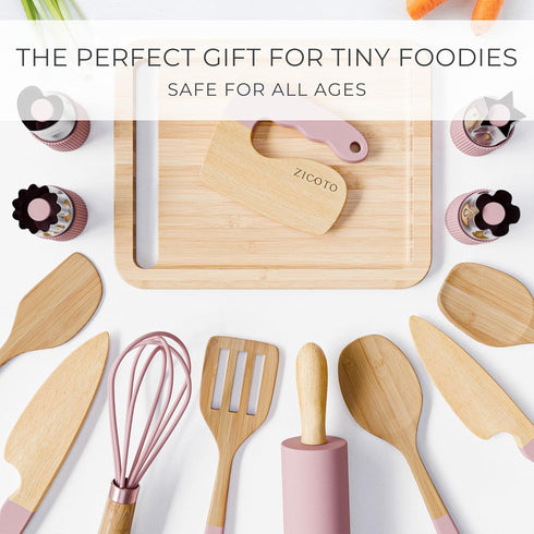 Set Wooden Cooking & Baking for Kids - Safe & Real Kitchen Tools Give Toddlers a Fun Cooking Experience - Durable
