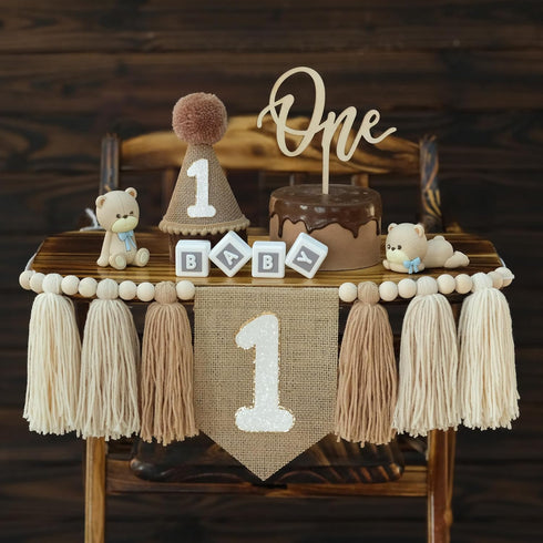 1st Boho Nude Birthday Highchair Wood Bead Tassel Garland Conical Cap Wooden Cake Topper For Boys