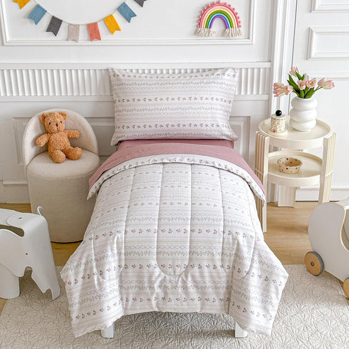 Joyreap 4 Set Set, Piece Cotton Toddler Bedding for Girls, Flower Stripes Boho Design, Soft Breathable Cotton Toddler