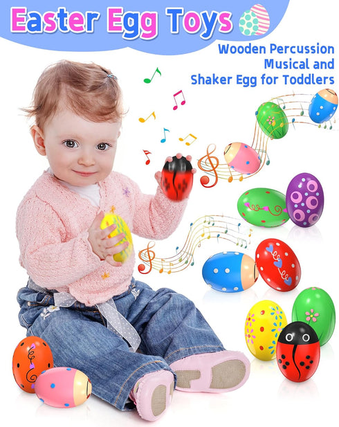 9 Pack Wooden Percussion Musical Shake Easter Eggs with Toys Inside, Montessori Gifts for Kids Ages 3-5