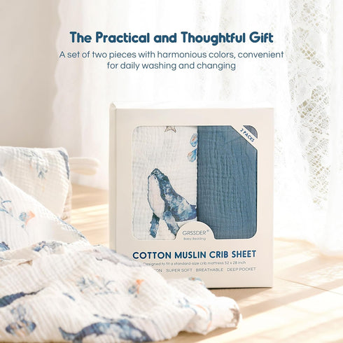100% 2 Pack, 52"x28" 9", GRSSDER Cotton Muslin Crib Sheet Soft Breathable Fitted Sheets for Standard Baby & Toddler