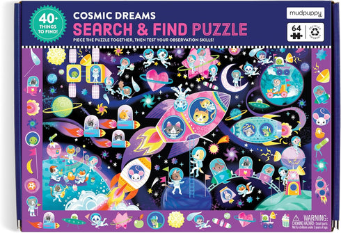 Mudpuppy Cosmic Dreams – 64 Piece Search & Find Jigsaw Puzzle Featuring Cats in A Whimsical Outer Space Wonderland
