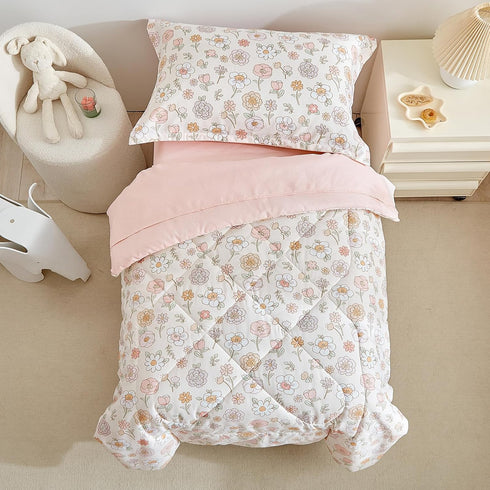 4 Set Set Set DuShow Floral Piece Girls Toddler Bed Comforter Pink Flower Reversible Toddler Bedding Soft Baby Crib Bed