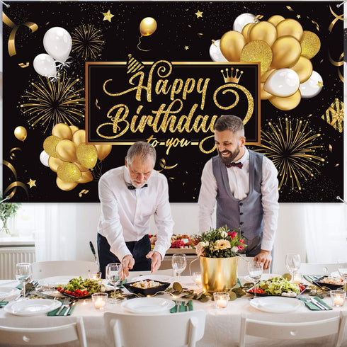 Blulu Happy Birthday Banner Sign, Large Fabric Glitter Poster for Birthday Decoration Supplies (Black and Gold)