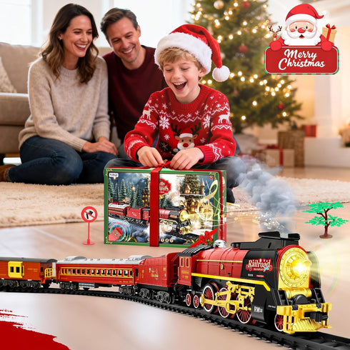 Set Christmas Train for around under The Tree, Electric Christmas Tree Train with Remote Sound Smoke Light, Steam