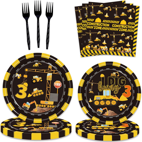 LetDec 132 3rd Pcs Construction Birthday Party Supplies Dump Truck Theme Three Tableware Includes Hanging Swirl