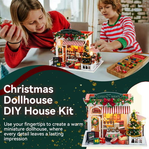 Yeconire Set, 3D Christmas Miniature Dollhouse Kits, DIY Miniature House Kit, Tiny House with LED, Christmas Village