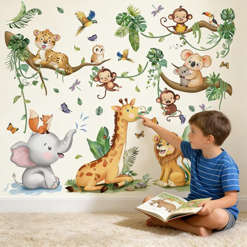 0-12 Baby Animal Wall Decals for Nursery: Jungle Safari Theme Kids Room Decor with Peel and Stick Removable Vinyl Wall