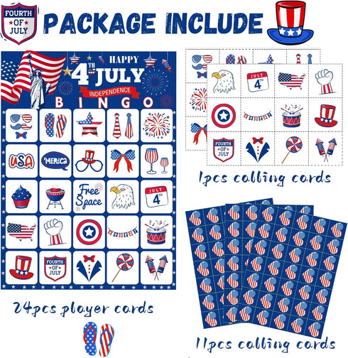4th of July Bingo Cards - 24PCS Red White and Blue Cards for Kids and Adults Patriotic Activities