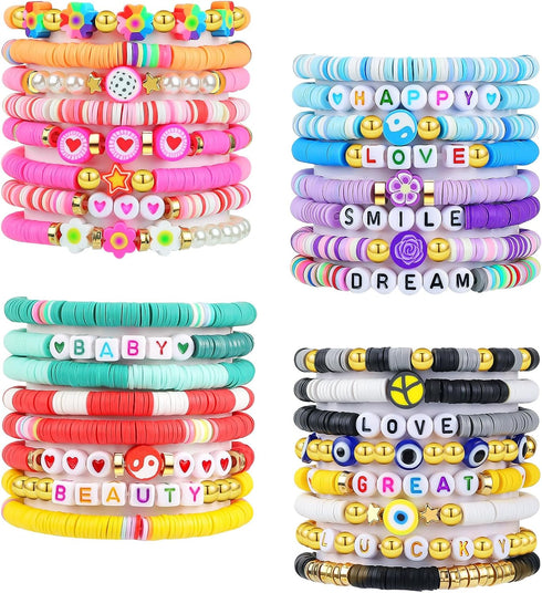 LUYI 32 Pcs Preppy Jewelry Bracelets for Women, Colorful Clay Bead Stackable Friendship Bracelets