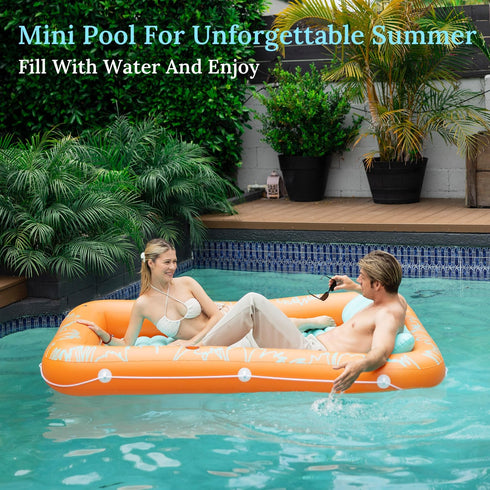 Inflatable Tanning Pool for Adults, Tanning Pool with Pillow Lounger Float and Cup Holders, Orange X-Large for Backyard