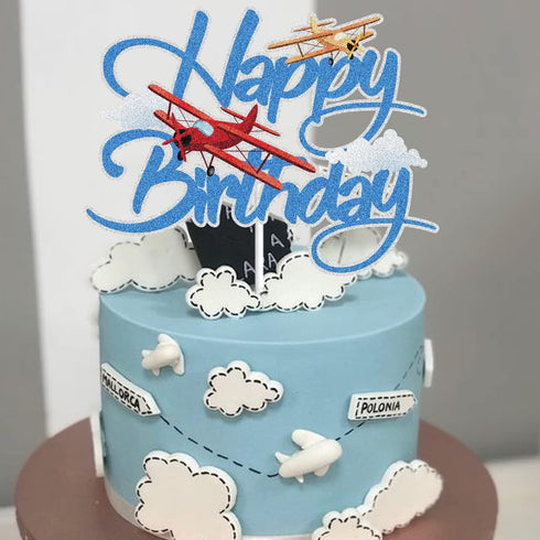 LINGBOOM Airplane Happy Birthday Cake Topper - Aircraft Plane Travel Airman Theme Kids Boys Men Party Supplies