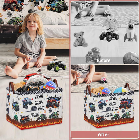 Monster Truck Storage Laundry Basket, Kid Room Decor for Boys,Rectangular Gift Bag Toy Box Shelf Basket ,Collapsible