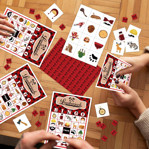 Lumberjack Party Bingo Game, 24 Woodland Bear Cards Set for Family Activity, Gender Reveal Supplies -a10