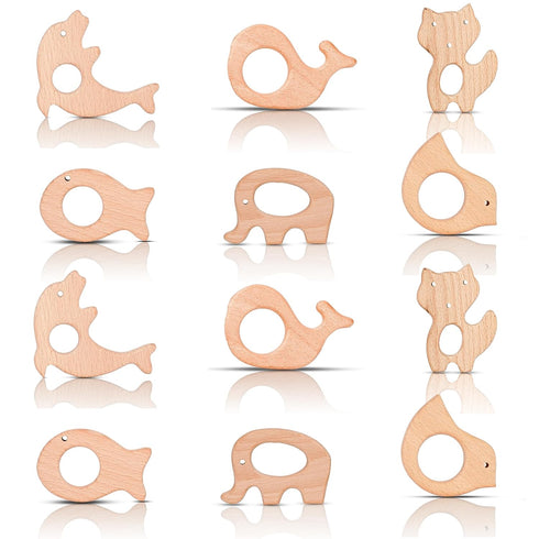 12 Pcs Teething Toys for Babies, Natural Wooden Teething Rings, Handmade Hanging Ring Set, Pain Relief for Infants