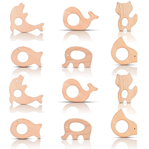12 Pcs Teething Toys for Babies, Natural Wooden Teething Rings, Handmade Hanging Ring Set, Pain Relief for Infants