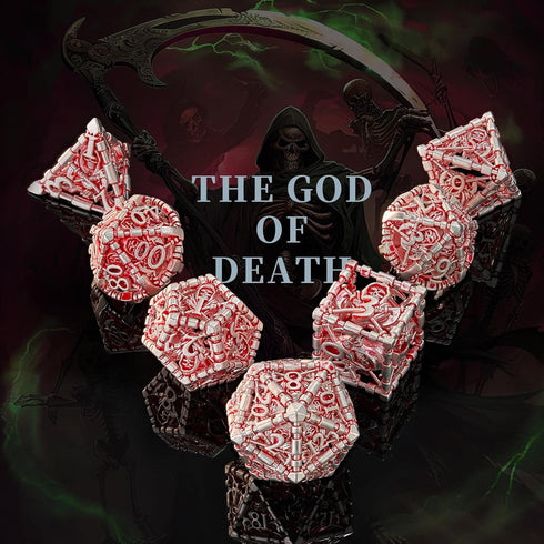 HNCCESG DND Hollow Polyhedral Dice Set, Red White Grim Reaper Metal 7Pcs with Gift Box for Tabletop Game